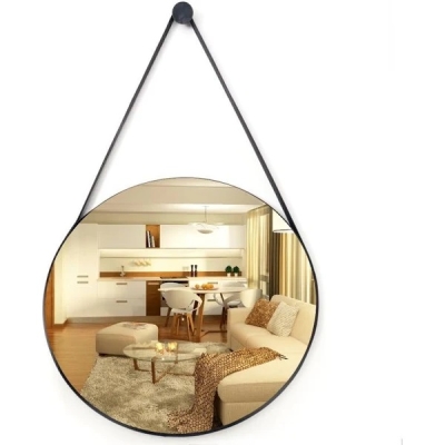 Espelho Adnet Escritório Alça Em Couro 60cm C/ Suporte Pino